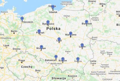 Mapa Polski z zaznaczonymi miastami, w których znajdują się siedziba i delegatury Centralnego Biura Antykorupcyjnego.