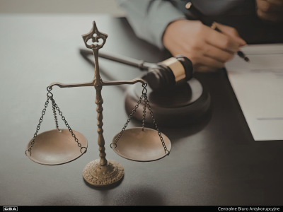 Waga, za nią młotek sędziowski. W tle część sylwetki mężczyzny podpisującego dokumenty na stole. W dole czarny pasek z napisem Centralne Biuro Antykorupcyjne.