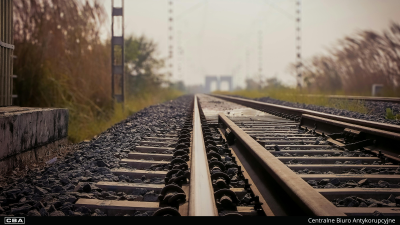 Widok na torowisko, gdzie tory rozchodzą się w kierunku horyzontu. Na dole na czarnym pasku znajduje się napis Centralne Biuro Antykorupcyjne.