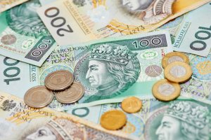 close-up of Polish banknotes and coins