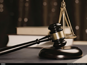 Judge's gavel on the table, books in the background.