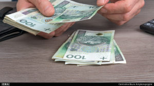 Close-up of hands with polish banknotes on the table.