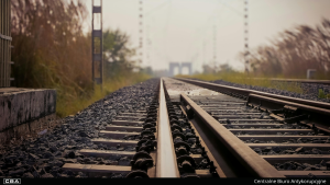 A close-up of train tracks.