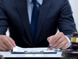 A close-up of man sitting at the desk with a pen in his hand and documents.