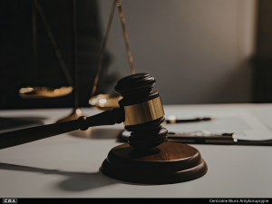 Judge's gavel on the desk, scales of justice in the background.